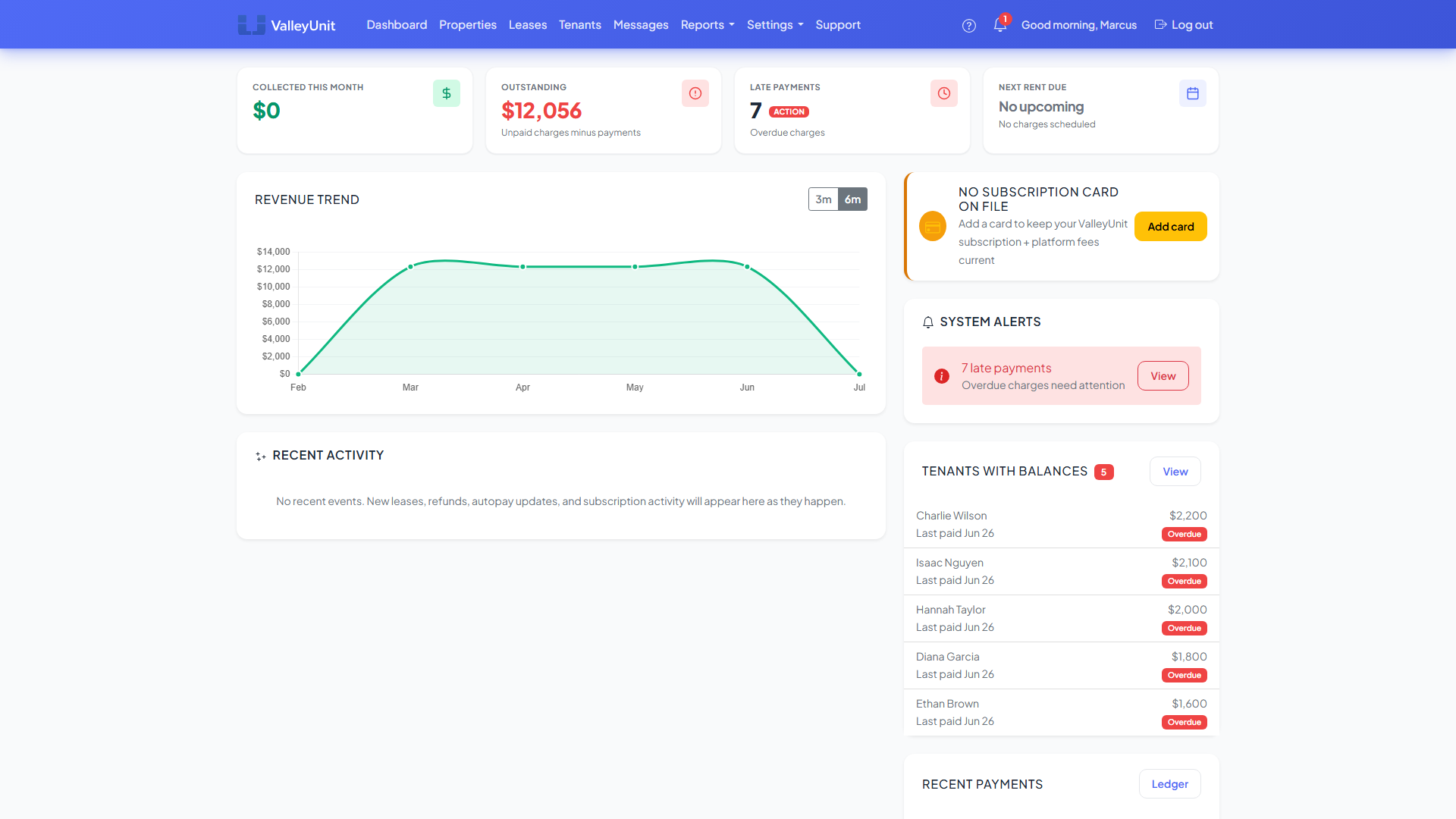 ValleyUnit Dashboard showing rent collection overview, payment activity, property summary, and outstanding balances
